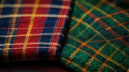 Scottish Heritage: Two Styles of Tartan Wool Fabric for Kilt in Macro, From Scotland

