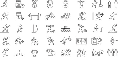 Athletic Sports Line Editable Icons set. Vector illustration in modern thin line style of summer sports activities related icons: gym exercises, football, swimming, gymnastics, and more.