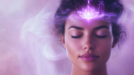 spiritual woman with purple lotus flower on her forehead. transcendence and connection to the universe with purple stream of consciousness. seventh chakra crown chakra activation. purple background