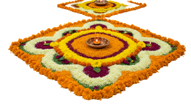 Onam flower decoration, Pookalam isolated on transparent background, Diwali and Pongal festival concept image, Marigold flower decoration PNG 
