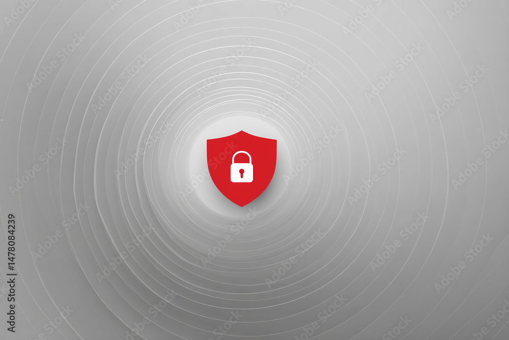 Poster abstract gray concentric circles background with red shield and lock icon in center, symbolizing sec