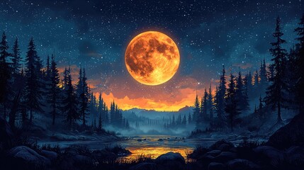 Naklejka premium Majestic full moon rising over a tranquil forest landscape at dusk