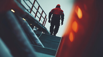 Worker Ascending Stairs in Industrial Setting