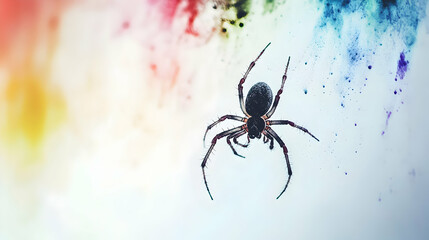 Spider silhouette against vibrant, ethereal watercolor background in dreamy light