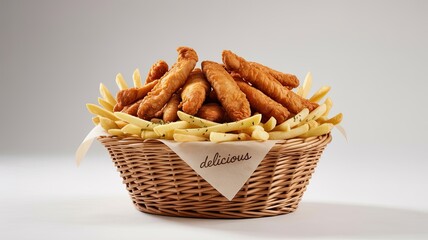 Crispy Basket of Golden Chicken Strips and French Fries Isolated on White Background – Delicious Fast Food Combo Meal for Lunch or Dinner, Perfect Snack or Comfort Food Favorite