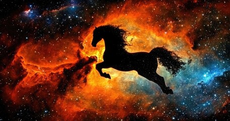 Obraz premium Majestic horse silhouette in vibrant cosmic nebula