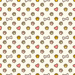 Cheerful pet care concept seamless vector pattern, colorful pet-themed symbols paws, bones, hearts. Ideal for pet products, wrapping paper, textiles, or digital backgrounds with a fun and loving vibe