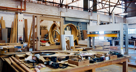 Woodworking, machine and tools in factory, manufacturing and material with lumber, craft and...
