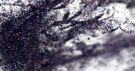 Red, blue particles explode, abstract background, digital art.