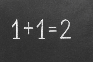 Simple Math Equation 1+1=2 Written on Chalkboard