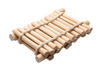 A rustic raft constructed of wooden logs tied together, a symbol of resourcefulness and adventure, with a natural, simple aesthetic. 