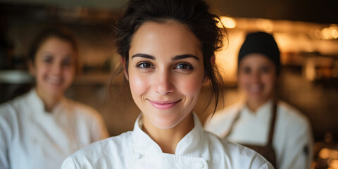 Smiling young woman chef in white uniform, two colleagues blurred in background, conveying teamwork and culinary profession