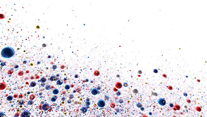 Abstract Colorful Sphere Background: Red, Blue, Gold Particles