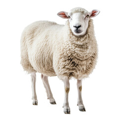 Fototapeta premium A majestic sheep with its pristine white wool, embodies rustic simplicity, standing alert in full view, a symbol of farm life.