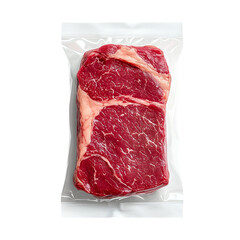 A fresh raw steak sealed in a transparent vacuum bag, ready for cooking, on a light background. A symbol of culinary preparation and gourmet enjoyment.