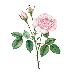 A captivating depiction of a delicate pink rose in full bloom, accented by two elegant buds and lush green leaves, exuding a sense of timeless beauty and floral elegance.