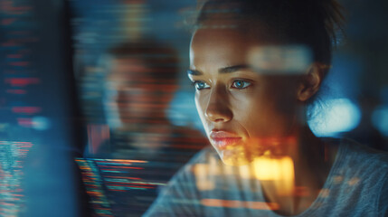 Close-up of a woman's face, partially obscured by screen reflections, conveying focus and concentration during late-night work, symbolizing dedication and modern technology