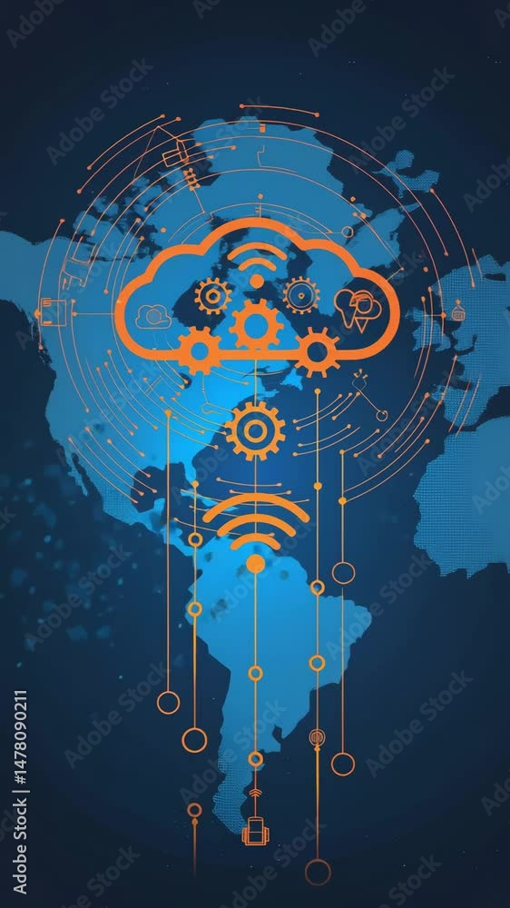 Poster exploring cloud technology with interconnected systems and global network applications