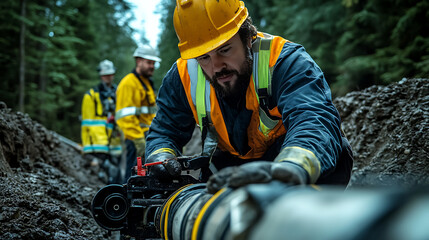 Obraz premium Construction Worker Operating Machinery in Forest