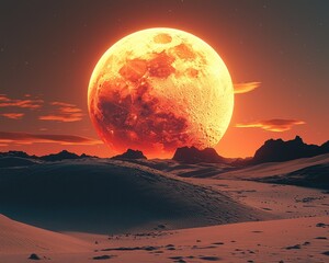 Majestic orange moon rising over a serene alien landscape at dusk