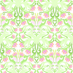 Damask style colorful swirl pattern, blooming flowers, green, pink, yellow colors. Seamless floral pattern-720.