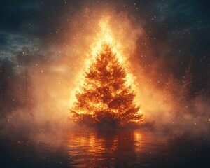 Naklejka premium Fiery Christmas Tree Illuminating a Misty Lake at Dusk with Smoky Background