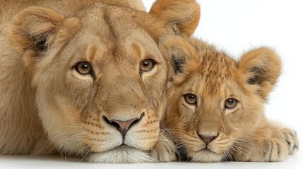A lioness and cub resting together showcasing their bond and natural beauty in a serene settin