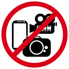 Red Prohibition Sign: Crossed-Out Symbols of Camera, Video Camera & Smartphone