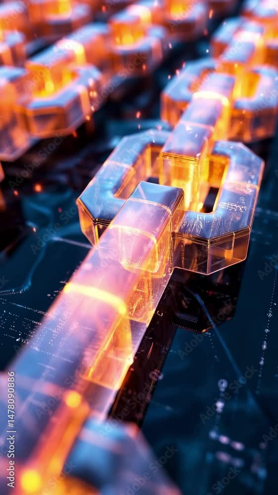 Poster exploring the fascinating world of blockchain technology in a digital landscape of interconnected ch