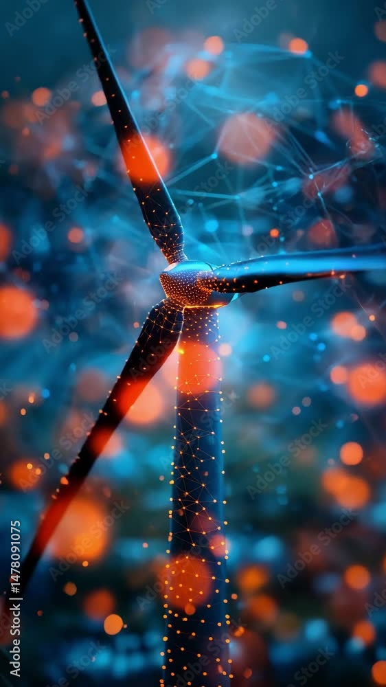 Poster exploring advanced technology in wind energy with visualizations of turbine designs and digital effe
