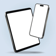 Smartphone with tablet mockup with blank screens while levitating in the air on a blue background