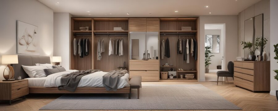 Spacious contemporary bedroom and ensuite walk-in closet ,  wood,  style,  decor