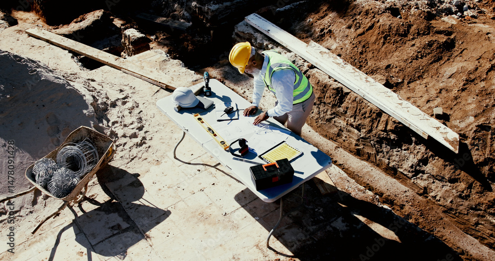 Poster black man, architect and reading blueprint for construction, floor plan and design for building layo