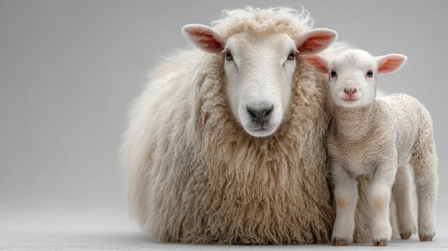 A fluffy adult sheep and its lamb standing close together symbolizing family bonds and pastora