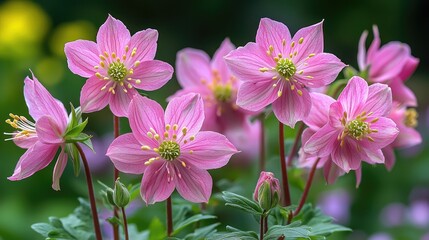 Obraz premium Vibrant pink flowers blooming in a lush garden, surrounded by greenery and soft light