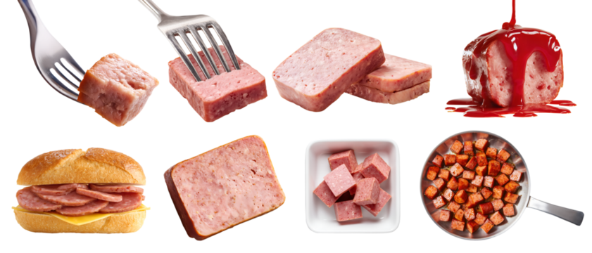 Set of Spam luncheon processed preserved meat, fork, sandwich bun, plate, skillet pan, pork chicken, tomato ketchup, sliced, isolated on transparent cutout PNG. Mockup template for design	
