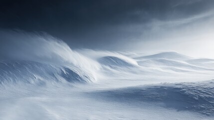 A dramatic winter landscape swept by powerful winds.
