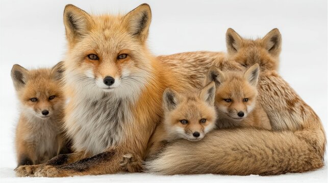 A family of foxes cuddling together in a snowy landscape showcasing their warm fur and affecti