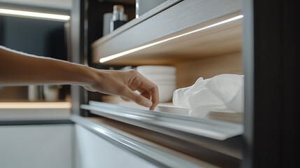 Hand Reaching for Paper Towels in a Modern Kitchen Drawer