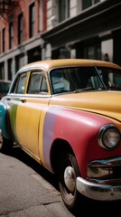 Vintage Automobile Adorned with Rainbow Stripes on Urban Street
