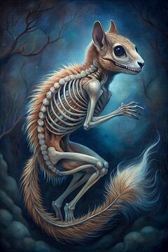 Zombie Squirrel: A terrifying, partially skeletonized squirrel with one arm and a creepy toothy grin shows off its right side with a partially preserved fluffy tail in a foggy forest at night.