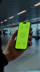 GREEN SCREEN CHROMA KEY person holding smartphone with green screen at a busy airport terminal, perfect for travel, flight, or airline-related mockups