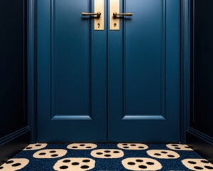 Blue double doors with gold handles and a patterned carpet featuring beige skulls on a dark background.