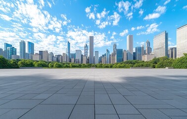 Modern Cityscape with Blue Sky and Tiled Foreground in Chicago Illinois USA