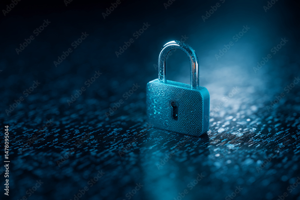 Poster close-up of a blue padlock on a dark background with digital code, symbolizing data security and onl