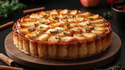 Delicious apple tart on a wooden board with cinnamon sticks and fresh apples