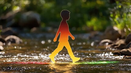 Child Silhouette Walking on Colorful Stream, Sunlit Nature Background