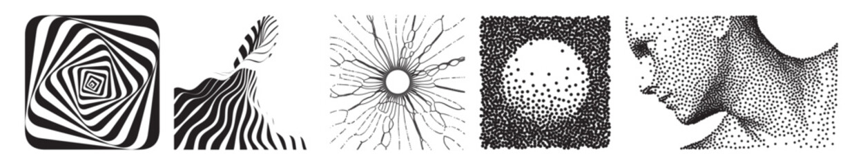 Abstract striped design element. Optical art. Futuristic vector illustration of ocean waves. Black hole made from small particles strive out of center. Solar or starlight emission. Face made from dots