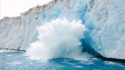 Glacial Ice Breaking Apart and Collapsing into Ocean Water