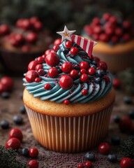 Festive cupcake decorated with blue frosting, red candies, and a small American flag-shaped topper